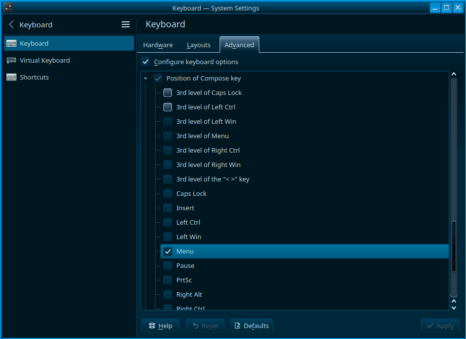 Screenshot of the location to set the Compose key to the Menu key in Plasma system settings