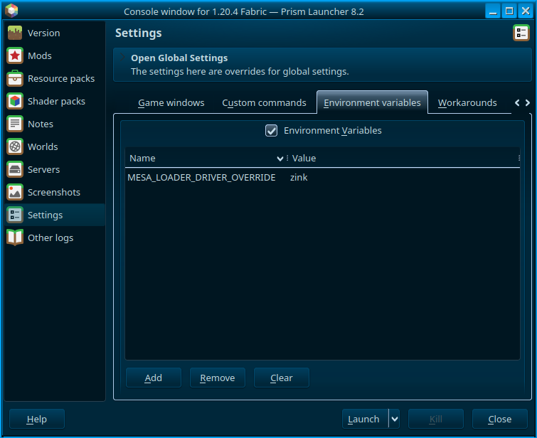 Screenshot of setting the Zink environment variable in a Prism Launcher instance