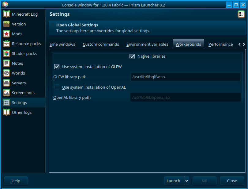 Screenshot of enabling the usage of native GLFW on a Prism Launcher instance